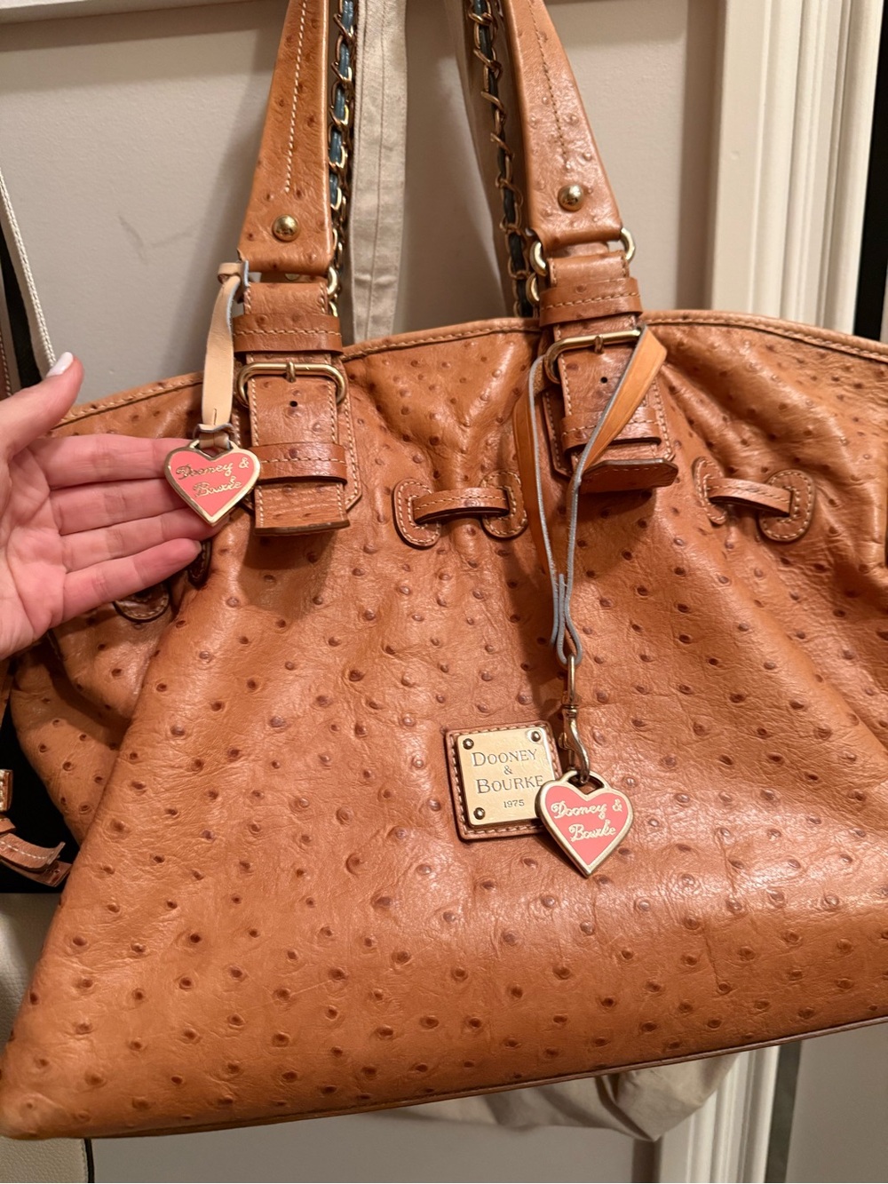 Dooney & Bourke Tan Ostrich-Embossed Leather Tote with Heart Charm